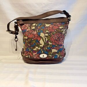 Vintage Fossil fabric and leather bucket bag